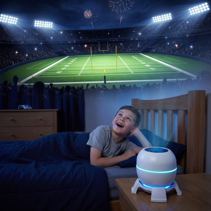 Kid in bed looking at a football field projected on the ceiling