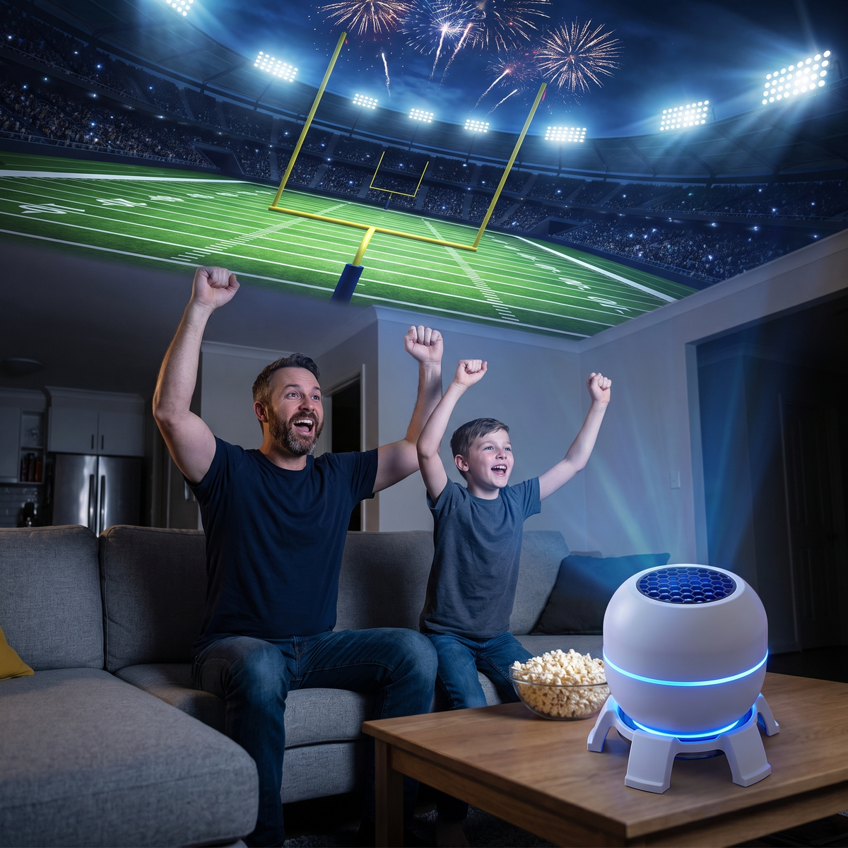 Dad and son cheering in a living room lit up like a stadium