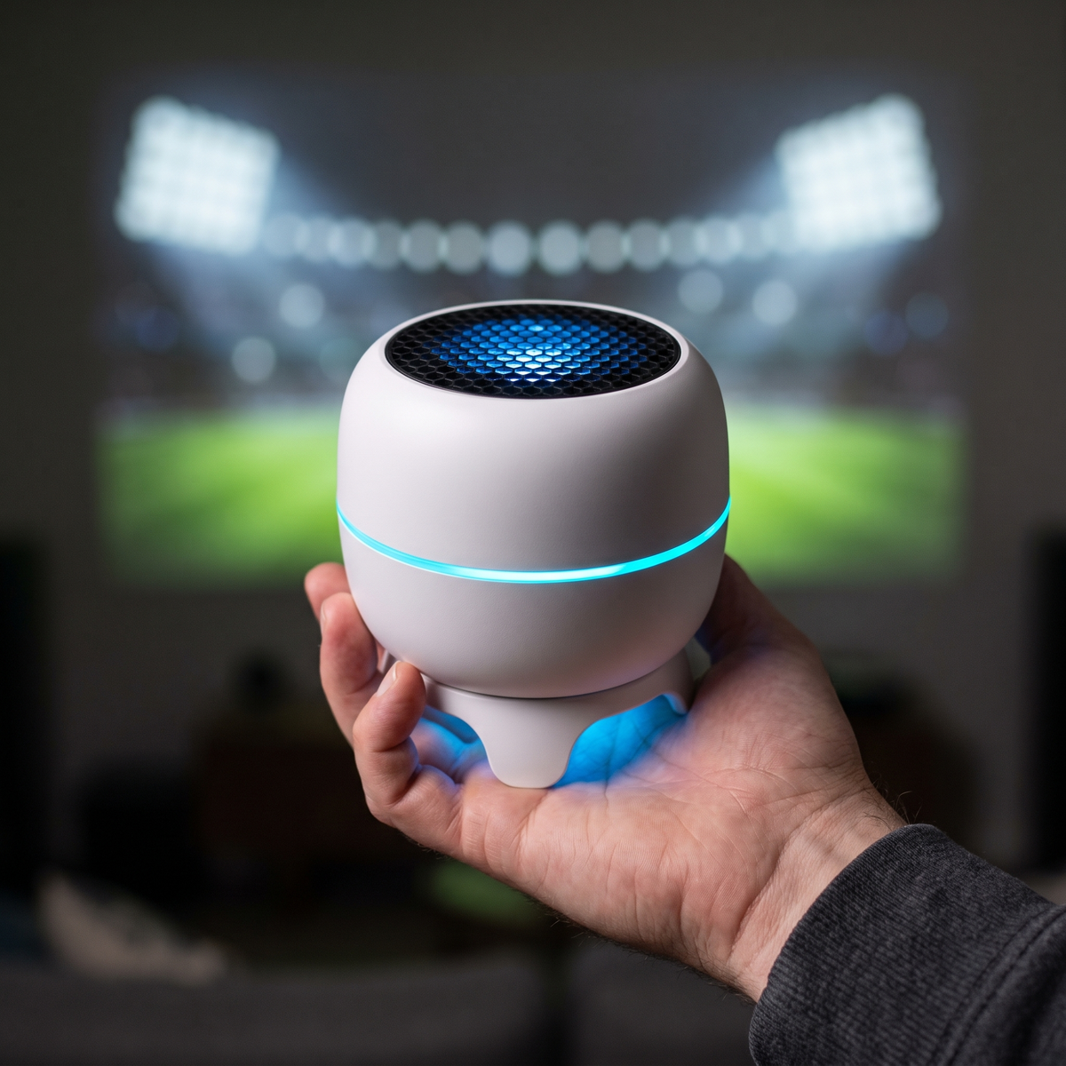 Compact Sunday Glow projector held in one hand