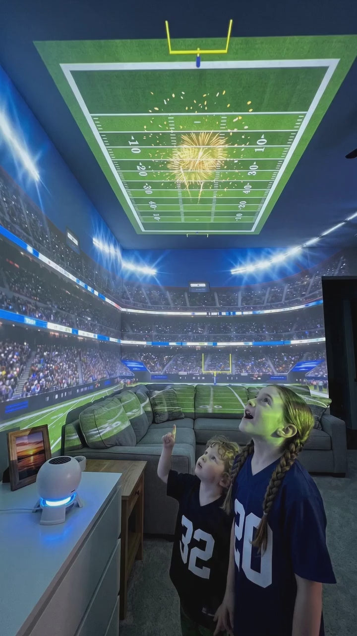 Football field projected across the ceiling