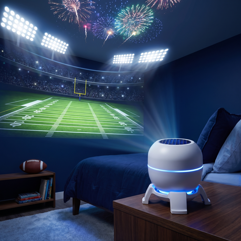 Bedroom turned into a night football stadium by the Sunday Glow projector