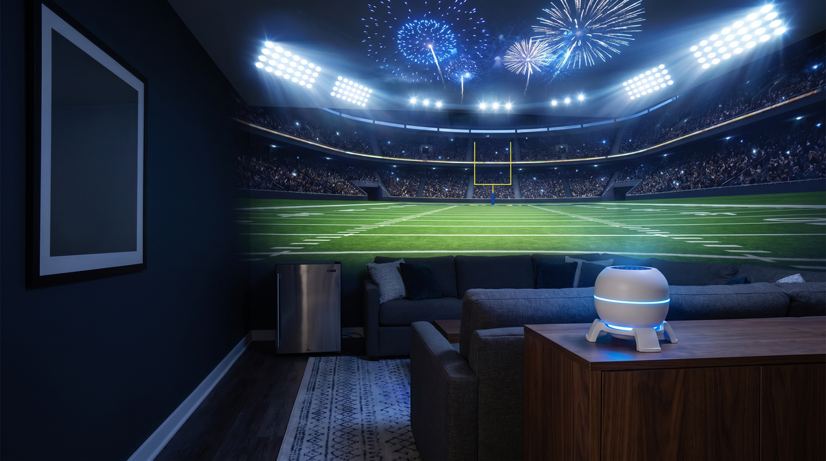 Man cave transformed into a night football stadium