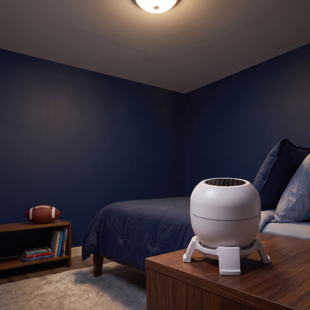 The same bedroom before Sunday Glow is switched on